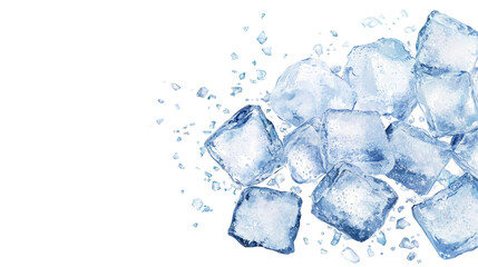 Obraz premium A close-up of clear ice cubes, scattered on a dark background, showcasing their texture and reflections.