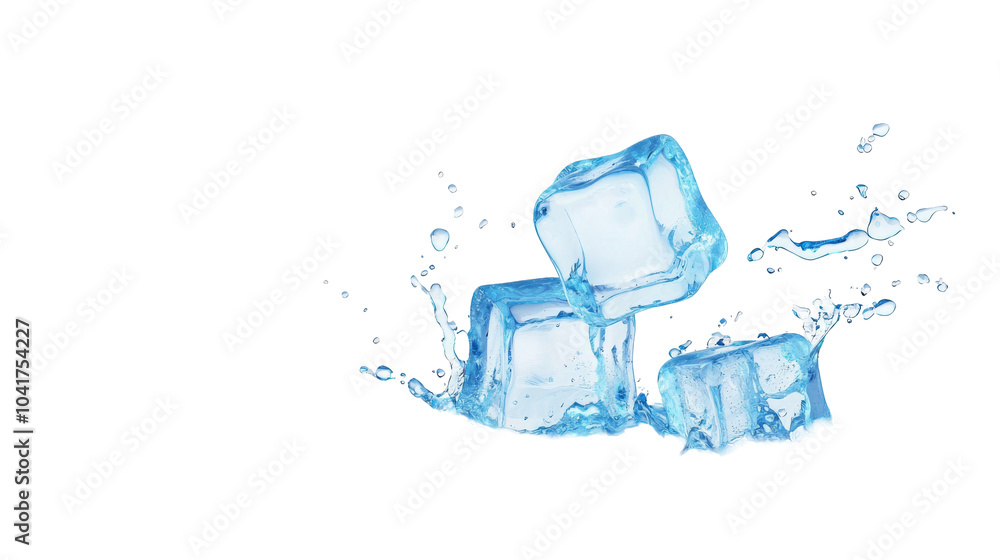 Poster three ice cubes splash into water against a dark background, creating a refreshing and dynamic visua