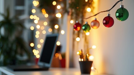 Bright and festive holiday decorations adorned a cozy workspace filled with colorful ornaments and soft twinkling lights in the evening