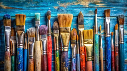 Fototapeta premium Art Brushes on Blue Background - High Depth of Field Flat Lay Photography for Creative Projects