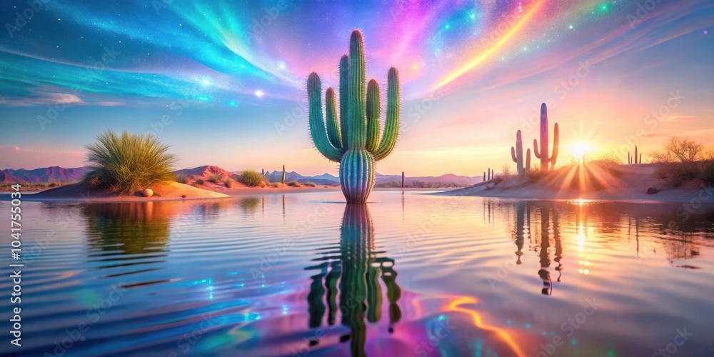 Aufkleber a giant cactus stands tall in a serene desert oasis, bathed in the soft glow of a setting sun, refle