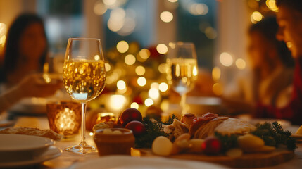 A family gathered around the table celebrating Santo Stefano,bright natural light creating a warm and joyful mood, blurred background with holiday decorations and food on the table