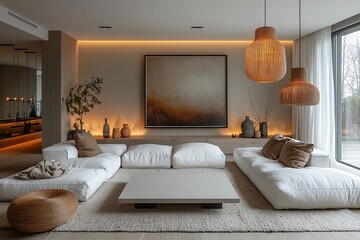 Minimalist, contemporary Scandinavian interiors in the living room with ceiling lights, art frames and sofas. Generative AI
