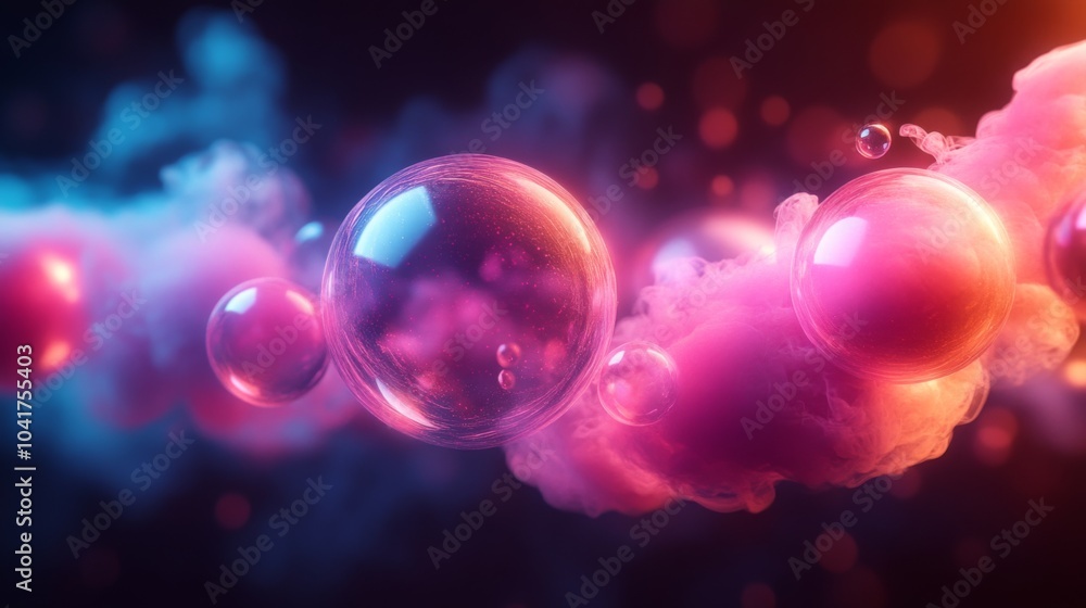 Poster colorful bubbles drift through a vibrant and misty backdrop, combining shades of pink and blue, crea
