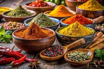 Fototapeta premium Assortment of Colorful Spices in Bowls - Turmeric, Paprika, and Ground Spices for Culinary Use and Recipe Inspiration