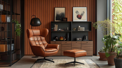 Modern Living Room Interior Design with Leather Armchair and Ottoman