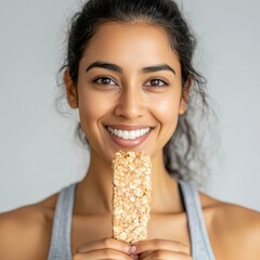 Cheerful Indian Woman Holding Healthy Snack Bar