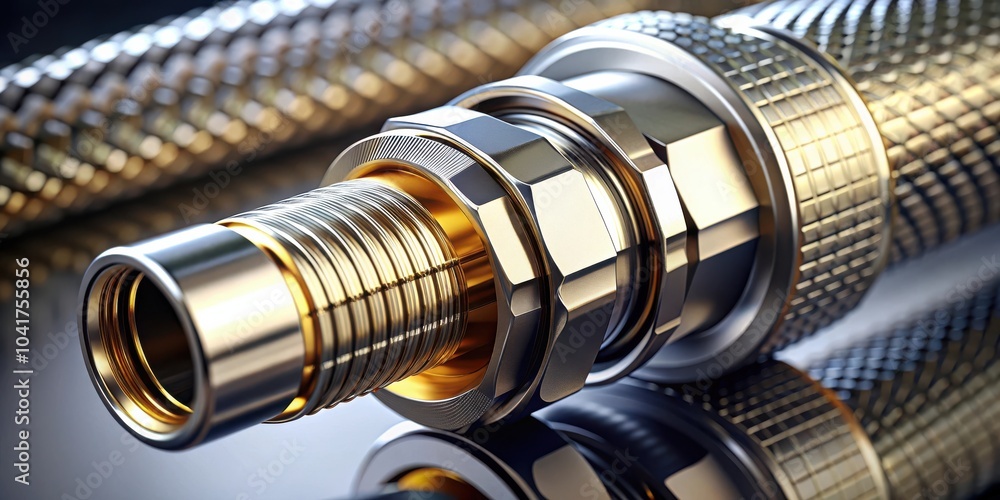 Poster close-up of a chrome and gold threaded connector with intricate details revealing a complex industri