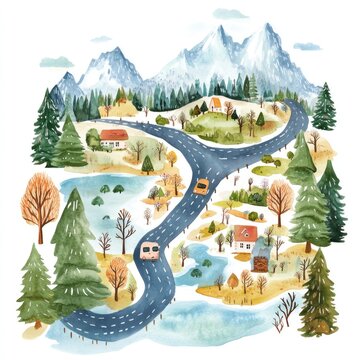 watercolor road winding through mountains clip art preview