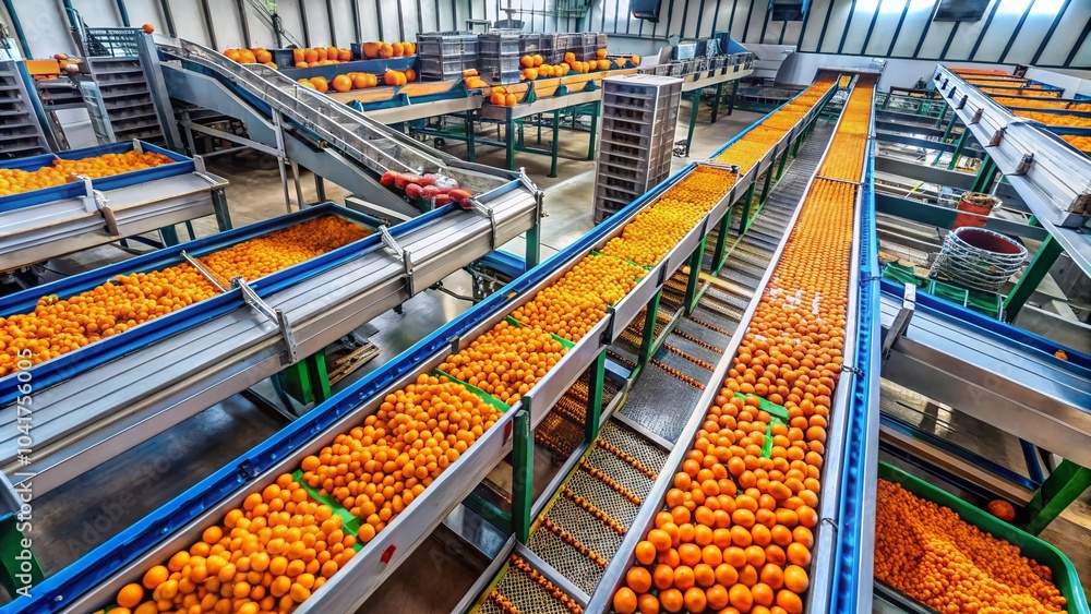 Poster automated conveyor belts sorting oranges in food processing facility