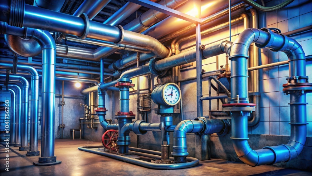 Poster A network of industrial pipes and valves create a complex web of interconnected systems within an industrial building