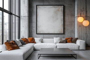 Minimalist, modern Scandinavian interior with large art frames hanging and a spacious living room with a sofa and table. Generative AI

