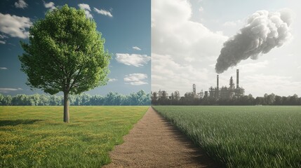 A split image showing lush nature on one side and an industrial factory emitting smoke on the other