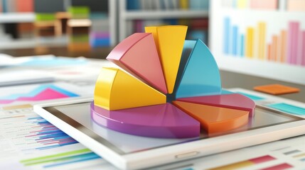 Colorful Pie Chart on Tablet with Data Background