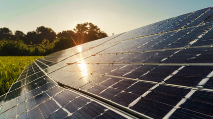 Modern, Minimalist Illustration of Solar Panels Highlighting Renewable Energy Solutions with Sunlight Beaming Down, Set Against a White Background to Emphasize Sustainability and Green Technology