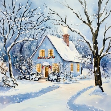 Winter Wonderland: Watercolor Christmas Landscape with Cozy House and Snowy Trees