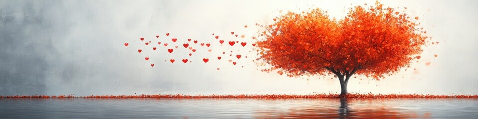 A tree with red heart-shaped leaves reflects love and serenity on a calm water surface.