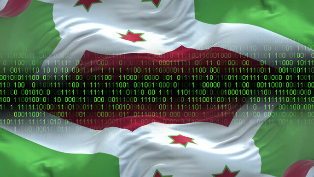 Burundi flag - 3D realistic waving flag on matrix digital background with binary code