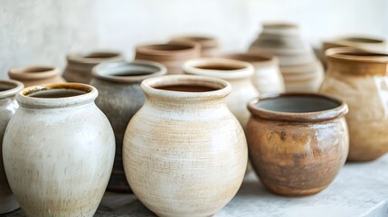 Handcrafted Thai Pottery in Earthy Tones with Ample White Copy Space for Design