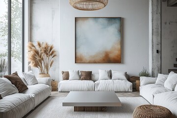 Minimalist, contemporary Scandinavian interiors in the living room with art frames hanging on the wall and sofas. Generative AI
