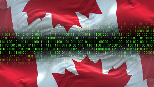 Canada flag - 3D realistic waving flag on matrix digital background with binary code
