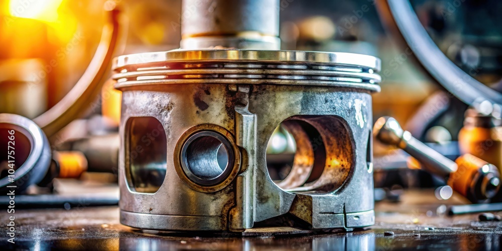 Fototapete a close-up of a worn piston with a sunlit background showing the details of a mechanical workshop
