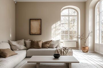 A modern interior with a Scandinavian interior finish to the spacious living room. Generative AI
