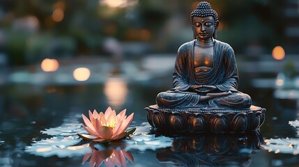 Peaceful Buddha with Water and Lotus Buddha statue with lotus flower on water