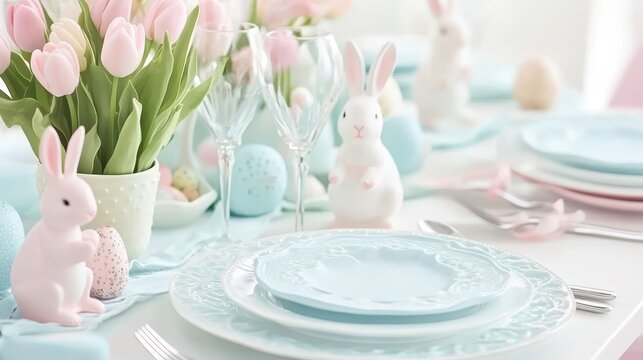 Pastel-themed Easter table setting with bunny figurines, pink tulips, and speckled eggs. Concept of Easter celebration, family gatherings, and festive decor.