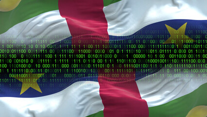 Central African Republic flag - 3D realistic waving flag on matrix digital background with binary code