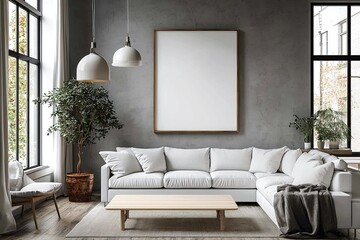 Minimalist, contemporary Scandinavian interiors in the living room with ceiling lights, art frames and sofas. Generative AI
