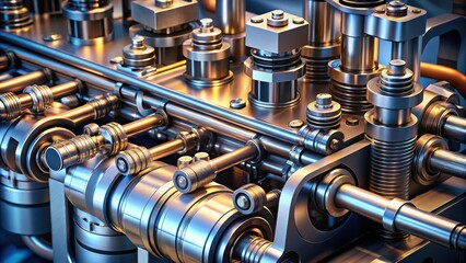 A close-up of a complex metallic machine with intricate gears, shafts, and cylinders, showcasing the precision and artistry of engineering
