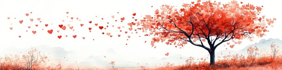 Fototapeta premium A lone red tree stands in a field, with heart-shaped leaves blowing gently in the wind.