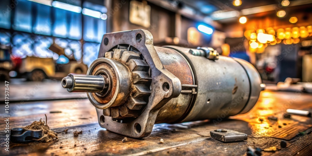 Aufkleber a close-up of a rusty, industrial, mechanical motor with gears, lying on a wooden workbench in a wor