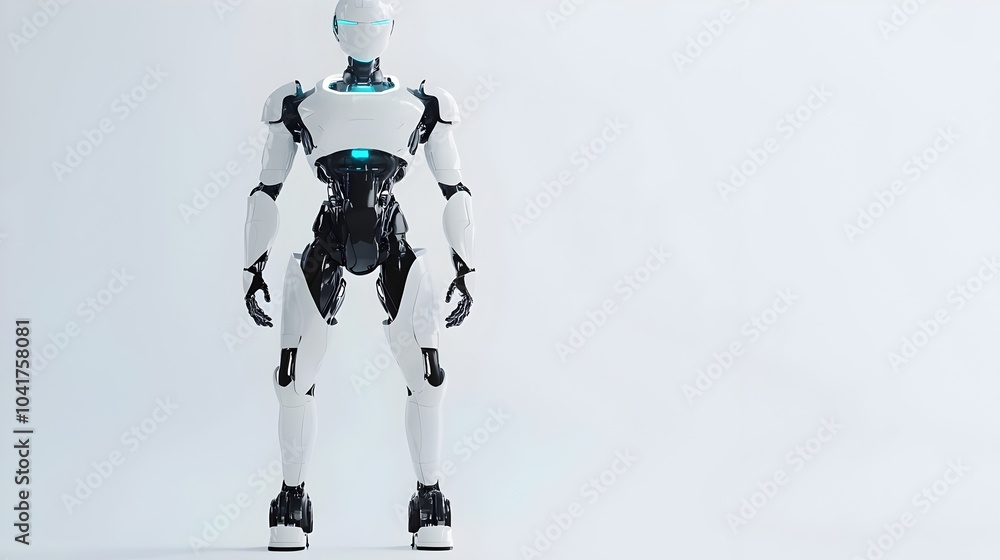 Poster futuristic humanoid robot with smooth minimalistic design on clean white background