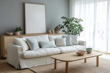 Fototapeta premium Minimalist, contemporary Scandinavian interiors in the living room with art frames hanging on the wall and sofas. Generative AI 