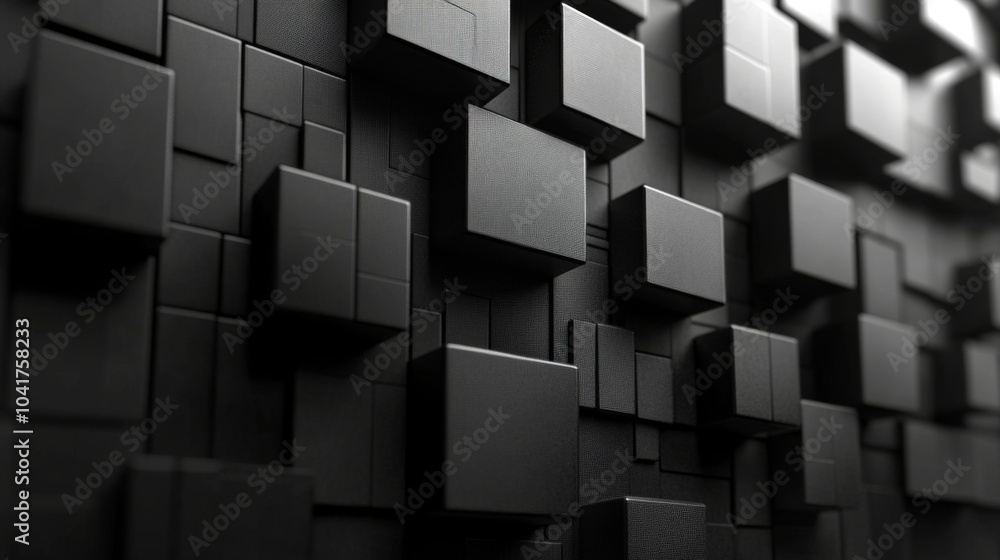 Poster A series of black geometric blocks are arranged in a complex, varied pattern against a textured surface, creating a striking modern design. The interplay of light and shadow enhances its depth.
