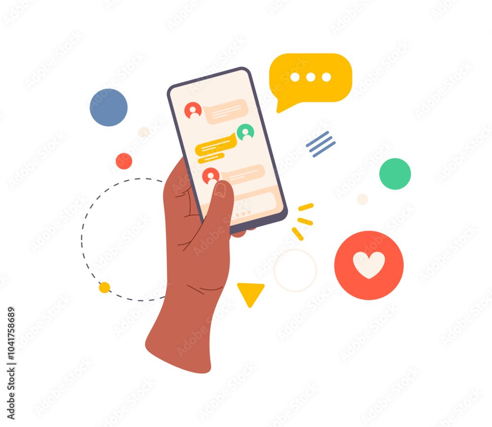 Poster smartphone screen with social media communication tab, flat cartoon vector illustration. isolated ha
