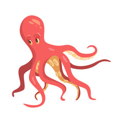 Octopus sea monster flat cartoon vector illustration. Funny red octopus with tentacles, giant nautical creature, nautical organism aquatic cuttlefish, seafood fresh cephalopod