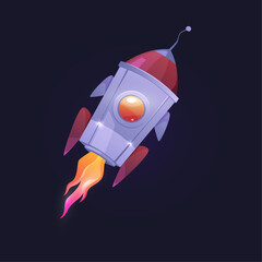 Naklejka premium Space and galaxy adventures and exploration, isolated spacecraft with window flying in cosmos. Vector spaceship or rocket with fire, launched from earth. Cosmic and galactic search and discovery