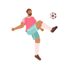 Soccer football player kicks football ball flat cartoon character playing sport game. Vector sportsman with ball, male person athlete running competition sport workout with soccer ball