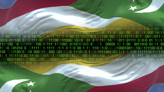 Comoros flag - 3D realistic waving flag on matrix digital background with binary code