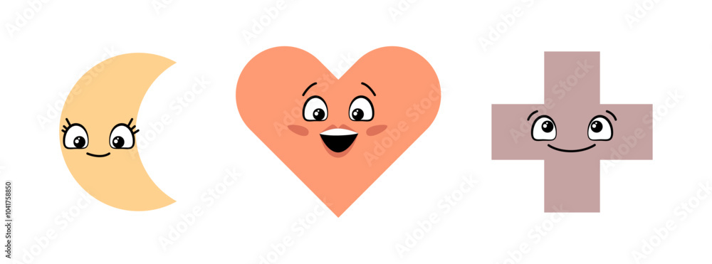 Poster funny geometry characters, isolated cute geometric shapes set. vector smiling moon and cross with ey