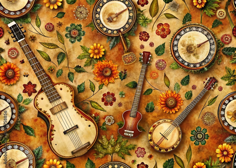 Poster banjo inspired pattern for backgrounds and textiles in rustic and folk art styles