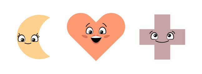 Funny geometry characters, isolated cute geometric shapes set. Vector smiling moon and cross with eyelashes, heart with exited muzzle expression. Personages for stickers, emoticons or emoji