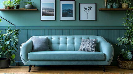 Living Room Decor with Teal Sofa, Green Plants, and Wall Art