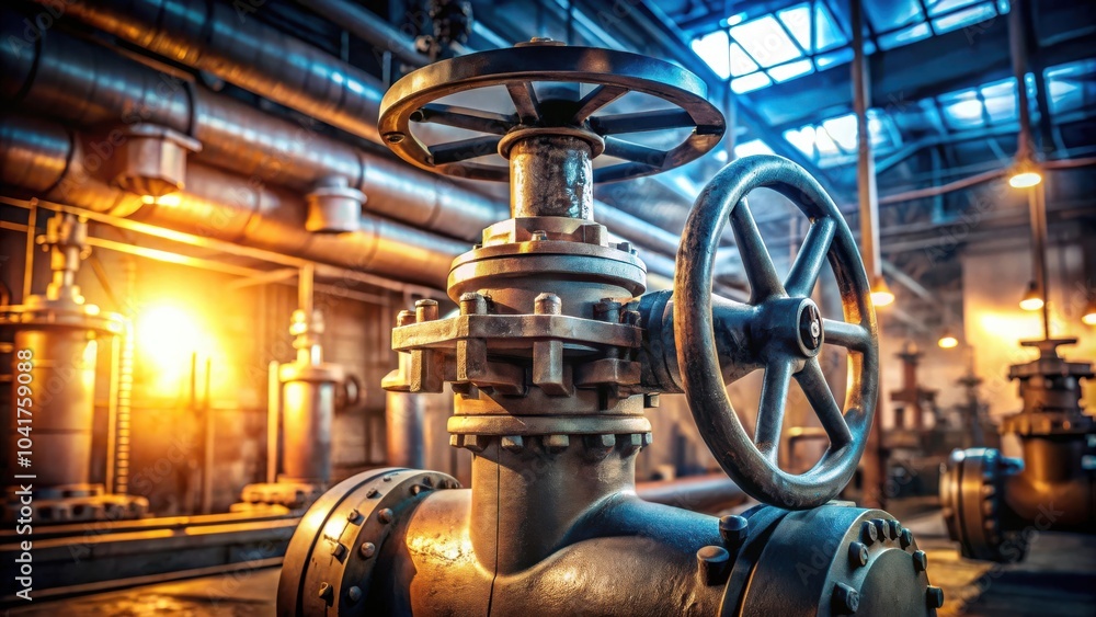 Poster a close-up of a large industrial valve with a wheel handle in a factory setting, surrounded by pipes