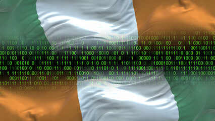 Cote d'lvoire flag - 3D realistic waving flag on matrix digital background with binary code