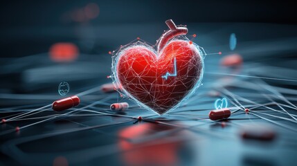 Digital heart with glowing health symbols and pills, emphasizing technology in healthcare