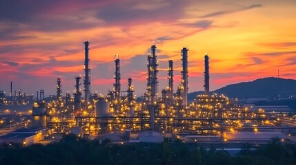 Fototapeta premium Glowing Sunset Refinery:Massive Industrial Plant Skyline at Dusk